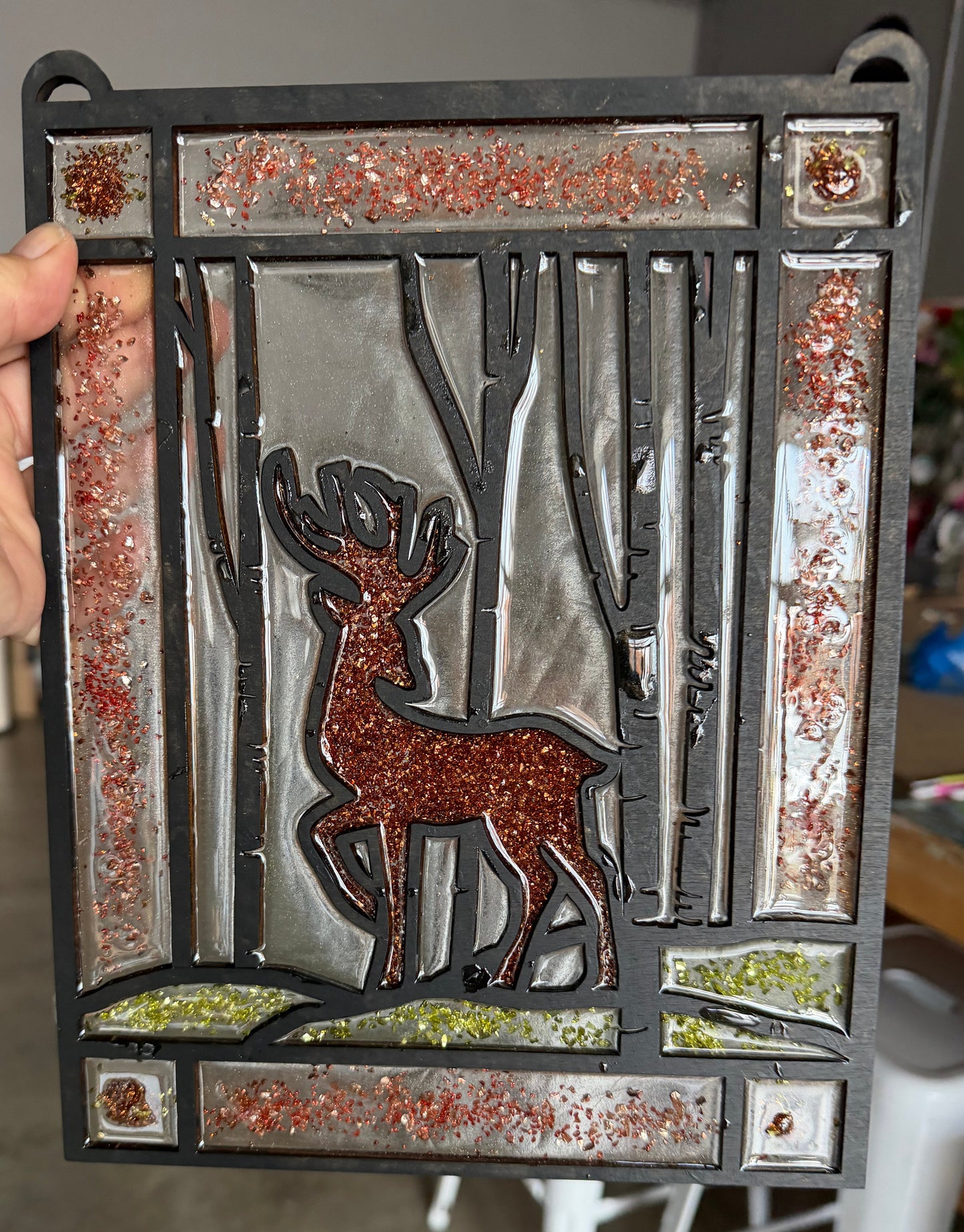 Faux Stained Glass Deer In Woods Hammer & Stain Roxbury