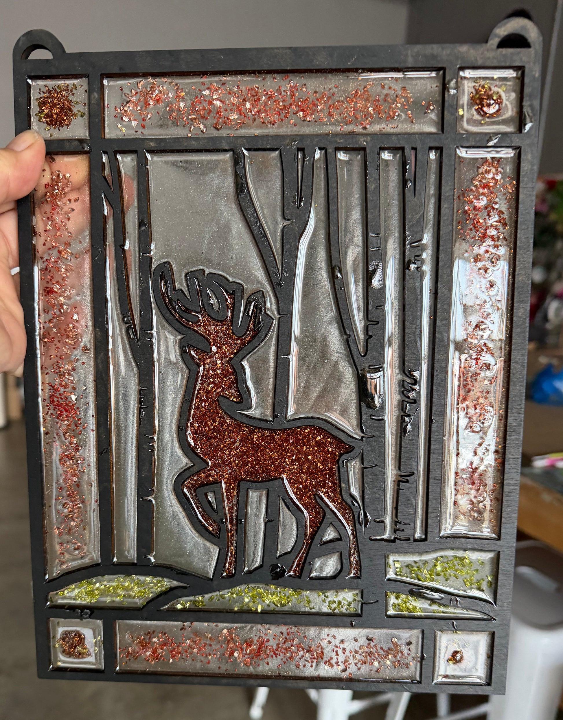 Faux Stained Glass Deer In Woods Hammer & Stain Roxbury