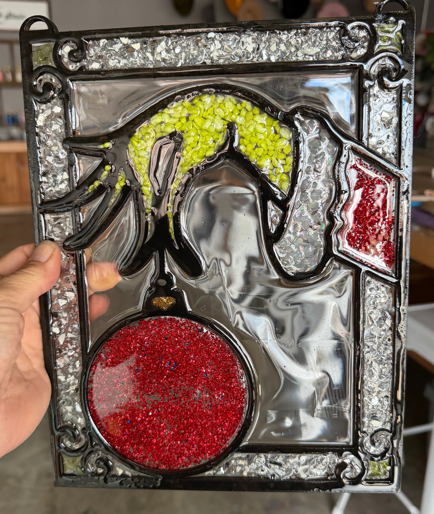 Faux Stained Glass Grinchmas design from Hammer & Stain Roxbury