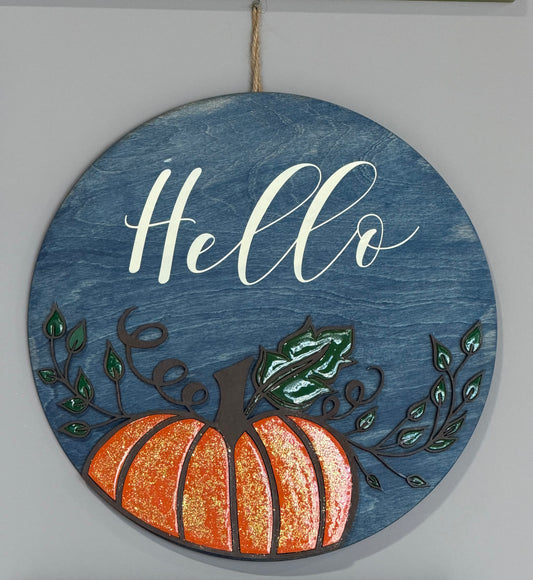 Hello Liquid Glass Pumpkin Wood Sign